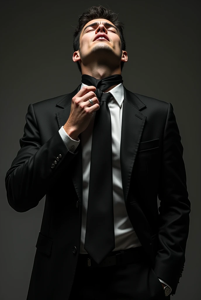 Very wide, the revived satin black tie presses deadly hard like a boa constrictor, snake, It takes your breath away, It causes severe suffocation, wraps, It chokes the young, Thin, courageous, a pale, An American, handsome, very wet and sweaty, the exhausted, The young man's beautiful face expresses the pain of suffocation, He's choking, reaches for his tie trying to strangle himself to death, the young man is dressed in a sweaty black men's suit, The youth's torso, struggle