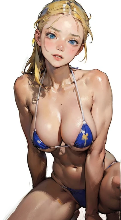 art by (Carl Larsson:1.2),(post-Impressionist),,((oil painting)),soft lighting,COOL,cammy sf6,blue eyes,blonde hair, antena hair,abs, scar on cheeks,((white background)),Looking for the observer side、total body、Facing the front、Burst breasts、Micro Bikini、Ahegao、Iki face、Squat,