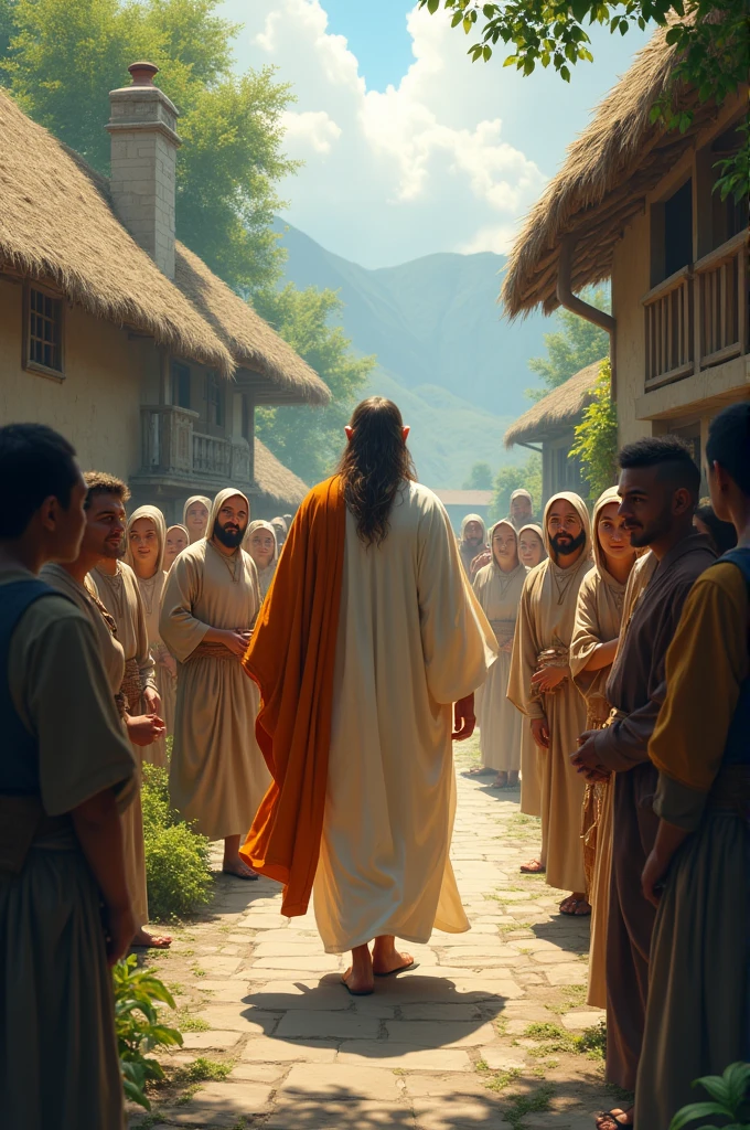 The Arrival of the SaintA serene village scene with a holy saint arriving at the village. Villagers, curious and respectful, gather around the saint as he walks through the village.