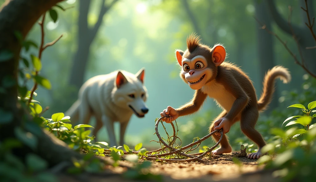 In 3d animation style " The clever monkey setting up a trap with vines and branches to catch the wolf.