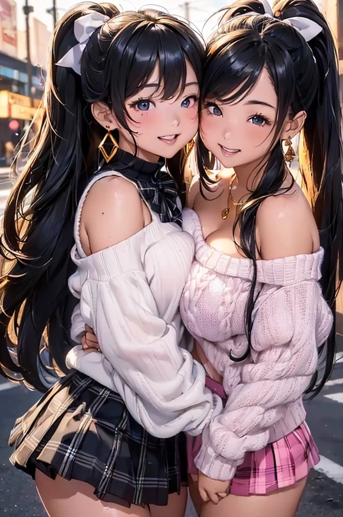 Browsing Caution,(Highest quality, 8k, masterpiece:1.3,beautiful girl), (Very detailed)Glowing Skin,(((Long Hair,ponytail,Blue Ribbon,Beautiful Hair))),(Perfect Anatomy, Anatomically cまたはrect, Very detailed肌),((Golden Eyes,Droopy eyes,Narrow eyes)),((Perfect Fingers,Five Fingers)), Baby Face, Mole under the eye,Double teeth,Big Breasts,Big Ass,high school girl,Very smiling,Smile and close your eyes,((Off-shoulder white sweater:1.2,Black and white plaid mini skirt:1.3,Pink Panties)),walk,Port town,Beautiful night view,((Shiny Earrings,small diamond necklace)),