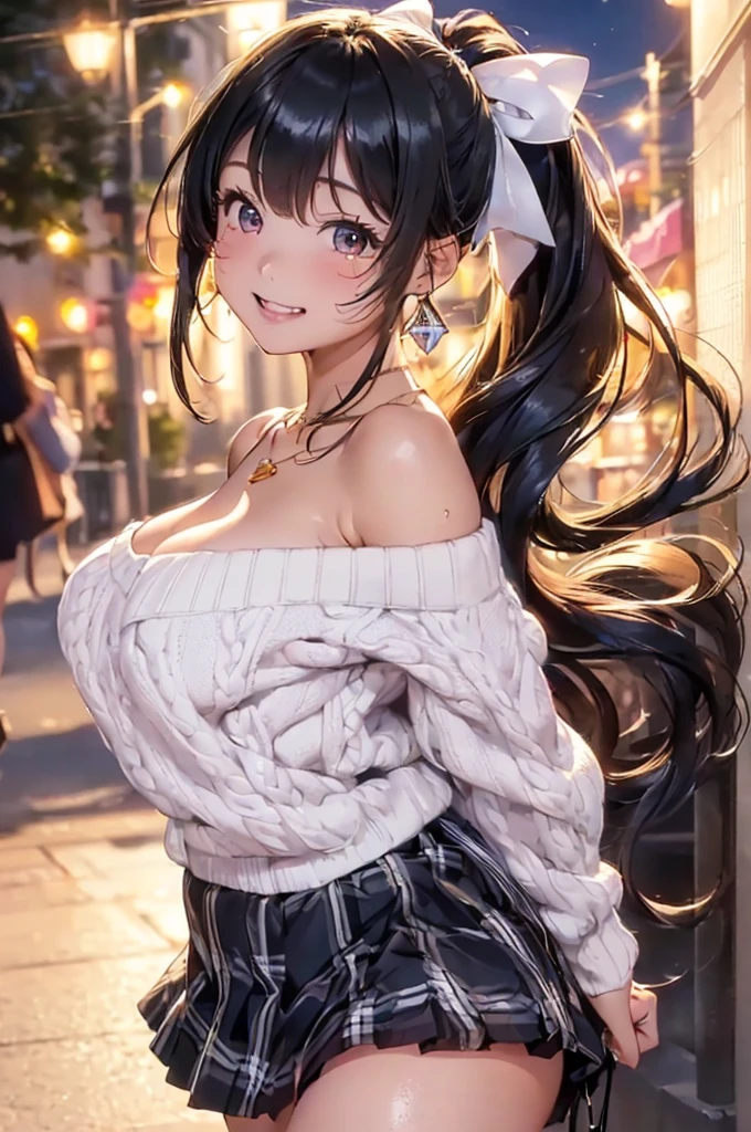 Browsing Caution,​(Highest quality, 8k, masterpiece:1.3,beautiful girl), (Very detailed)Glowing Skin,(((Long Hair,ponytail,Blue Ribbon,Beautiful Hair))),(Perfect Anatomy, Anatomically cまたはrect, Very detailed肌),((Golden Eyes,Droopy eyes,Narrow eyes)),((Perfect Fingers,Five Fingers)), *********, Mole under the eye,Double teeth,Big Breasts,Big Ass,high school girl,Very smiling,Smile and close your eyes,((Off-shoulder white sweater:1.2,Black and white plaid mini skirt:1.3,Pink Panties)),walk,Port town,Beautiful night view,((Shiny Earrings,small diamond necklace)),