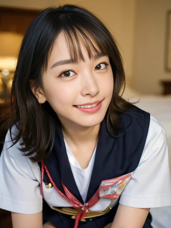 (Masterpiece, Best quality:1.4), (Ultra realistic, Photo-realistic:1.2), Natural light, 25 years old actress, Japanese women, Neat and clean, (Sailor suit, short sleeve suit:1.2), (Dark navy skirt:1.3), (Dark navy ribbon:1.2), (Short wavy hair:1.1), Ponytail, Light brown hair color, (Beautiful Face), Oval face, clear, (Beautiful eyes, Kind eyes), (Clear skin), Small face, (Small mouth), (Beautiful mouth), Natural makeup, Approachable, Luxury hotel Suite room, On bed, Seductive smile, (Seductive pose:1.2), (Beautiful thighs:1.1), (Bedroom eyes), (nsfw:1.1), (lesbian couple:1.1), (petting together), obscene reality of girls, (crotch rub:1.1),