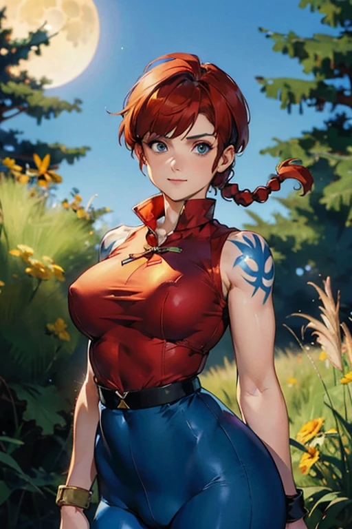 gwen tennyson,1girl,tracer,jill valentine, rebecca chambers,overwatch,resident evil,close up,mecha pilot,body paint, haunted forest,tattoos,blue and gray plugsuit,hair pin,steel short sleeve silk top,steel cargo pants,uncovered belly, short hair,cute makeup,green eyes,red and gold hair,shy smile,freckles, redhead,beautiful girl,large breasts, ultra detailed,realistic,fantasy art, military uniform,steel armor,haunted lab,moonlight,police uniform,pilot jacket, ((masterpiece)), high quality, very_high_resolution, large_filesize, full color, heavy outline, clear outline, colorful, (beautiful detailed eyes), (beautiful face:1.3), (boyish face), 1 girl, (femaleranma), (red hair), short hair, (braided ponytail), ((bangs)), bumpy bangs, blue-gray eyes, big breasts, curvy, black-wristbands, femaleranma, braided ponytail, chinese clothes, sleeveless, tangzhuang, black pants, cameltoe, standing, upper body, front view, (8k, RAW photo, best quality, masterpiece:1.2), RanmaChan, RanmaRedShirt, blue pants (masterpiece, best quality:1.2), 1 girl, Solitary