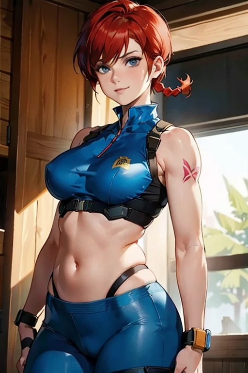 gwen tennyson,1girl,tracer,jill valentine, rebecca chambers,overwatch,resident evil,close up,mecha pilot,body paint, haunted forest,tattoos,blue and gray plugsuit,hair pin,steel short sleeve silk top,steel cargo pants,uncovered belly, short hair,cute makeup,green eyes,red and gold hair,shy smile,freckles, redhead,beautiful girl,large breasts, ultra detailed,realistic,fantasy art, military uniform,steel armor,haunted lab,moonlight,police uniform,pilot jacket, ((masterpiece)), high quality, very_high_resolution, large_filesize, full color, heavy outline, clear outline, colorful, (beautiful detailed eyes), (beautiful face:1.3), (boyish face), 1 girl, (femaleranma), (red hair), short hair, (braided ponytail), ((bangs)), bumpy bangs, blue-gray eyes, big breasts, curvy, black-wristbands, femaleranma, braided ponytail, chinese clothes, sleeveless, tangzhuang, black pants, cameltoe, standing, upper body, front view, (8k, RAW photo, best quality, masterpiece:1.2), RanmaChan, RanmaRedShirt, blue pants (masterpiece, best quality:1.2), 1 girl, Solitary