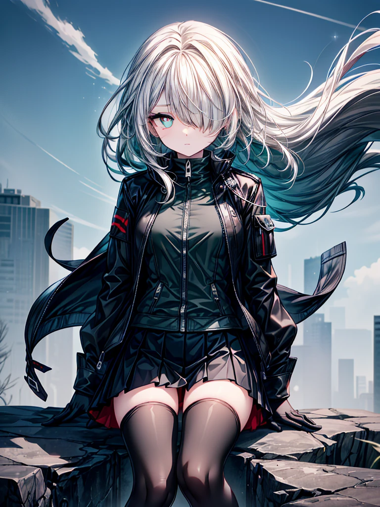 (A frail girl),((Highest quality)),((black micro mini length skirt)),((Dark green pupils)),((sparkling eyes))((Black jacket)),(Wearing black tights),((Slim body)),,((Wearing black gloves)),((hair over one eye,long hair)),((Ruthless)),((Hair blowing in the wind)),(A black guardian beast sits majestically behind her.)