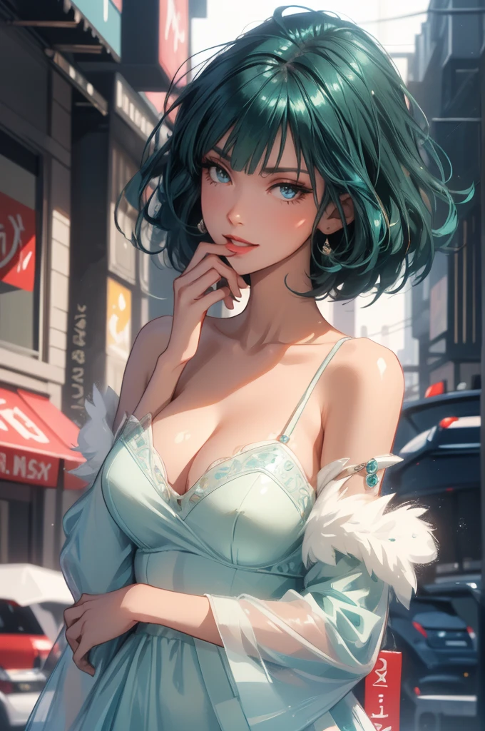 1girl,a beautiful fashion model ,(masterpiece, detailed background, best quality),short and shiny hair, blue green hair, hair with highlights, bangs, smirk,juicy lips,red lips, calmart, lingerie, stripping, elegant makeup, blue eyes, full body shot, (shiny skin), cyberpunk, sci fi, boa, extravagant jewelry, cocky expression, covered in jewelry, fancy, white dress, ((hand covering mouth, smug, discrete laughter)),