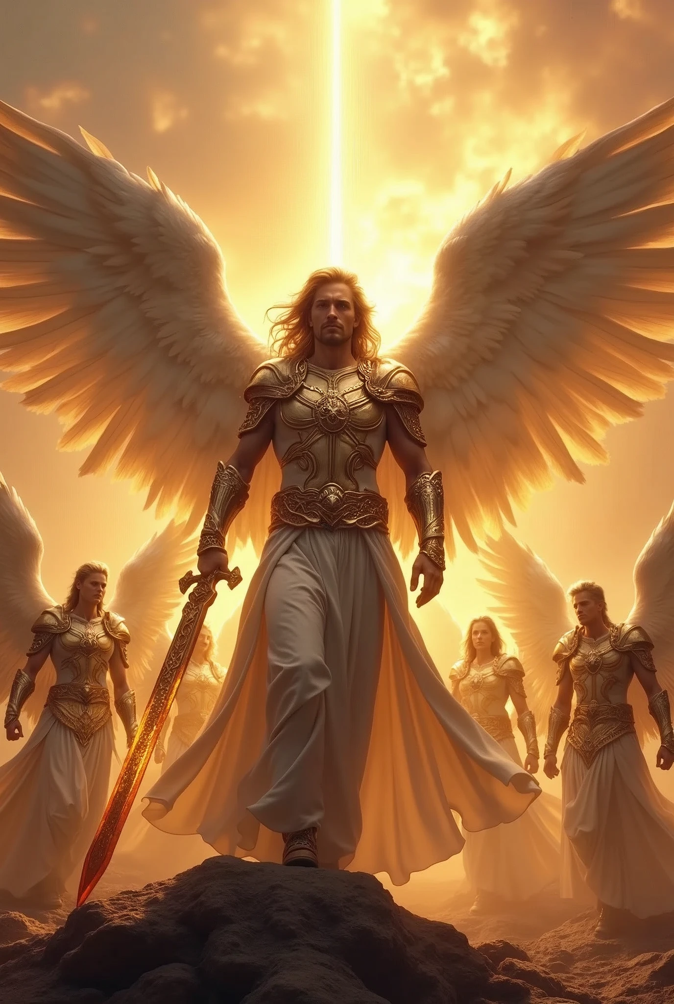 angel Michael with 6 wings and a fiery sword in his hand, behind him an army of warrior angels with shining wings