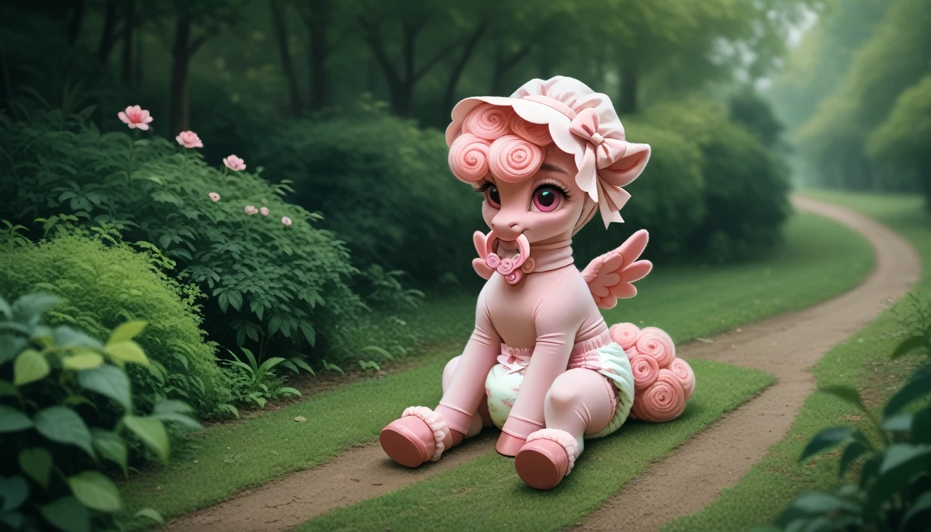 pony, Pegasus, adult filly, emerald wool, a lush mane, gathered in a light pink bonnet, fluffy tail with a pink bow, sitting outside, wearing a pink bodysuit, pink cap and pink booties, pink pacifier in mouth, solo, thick light pink diaper under clothes.