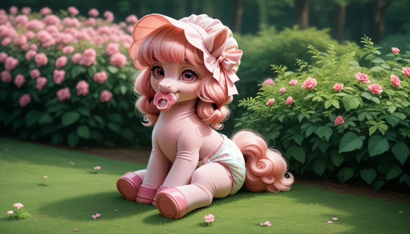 pony, Pegasus, adult filly, emerald wool, a lush mane, gathered in a light pink bonnet, fluffy tail with a pink bow, sitting outside, wearing a pink bodysuit, pink cap and pink booties, pink pacifier in mouth, solo, thick light pink diaper under clothes.