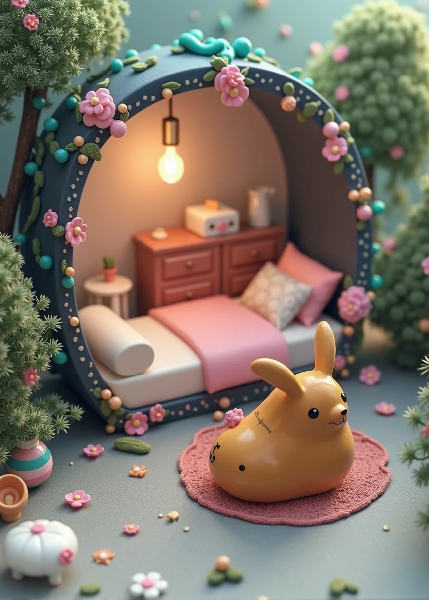（Pixar style),A model of a cozy small room, miniature figure model, light source from right to left, Rumbrandt lighting, light source from right to left, (isometric view), (top-down), realistic scale, post-processing, ((orthogonal perspective)), super detail, realistic, super realistic, realistic render, rainbow color, glitter