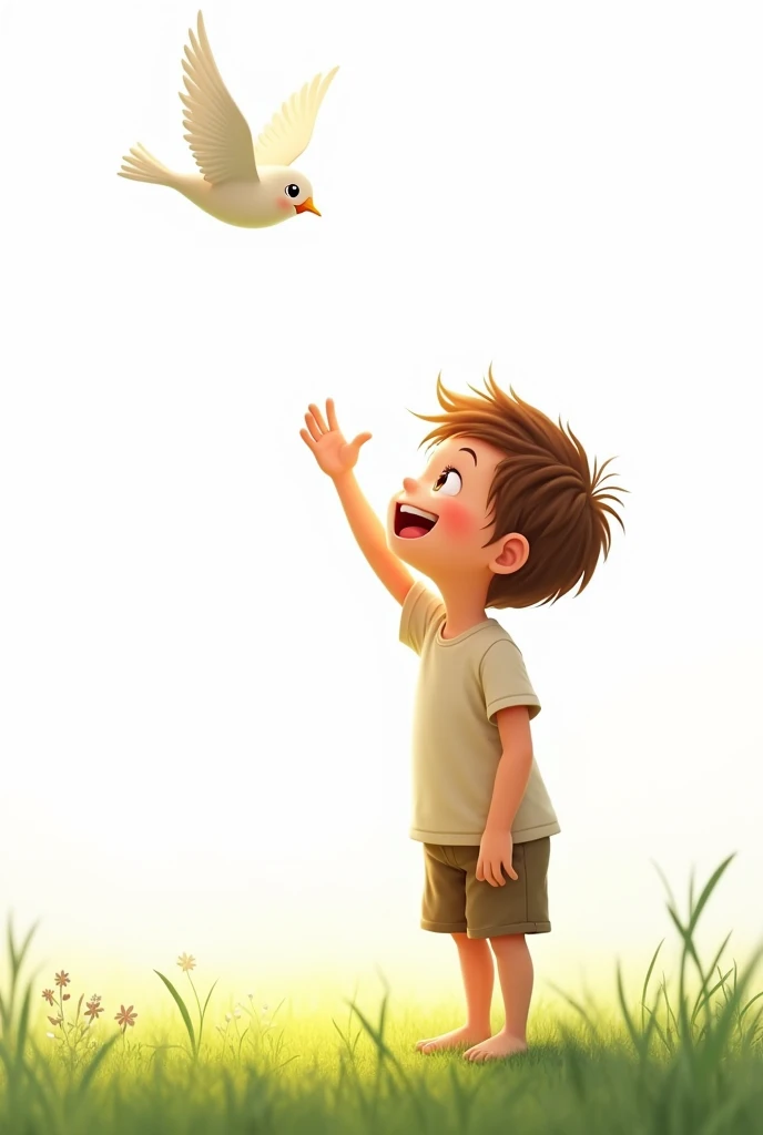 white background,cute little cute boy,rais his hand,standing on grass,seeing little bird flying at first time 
 