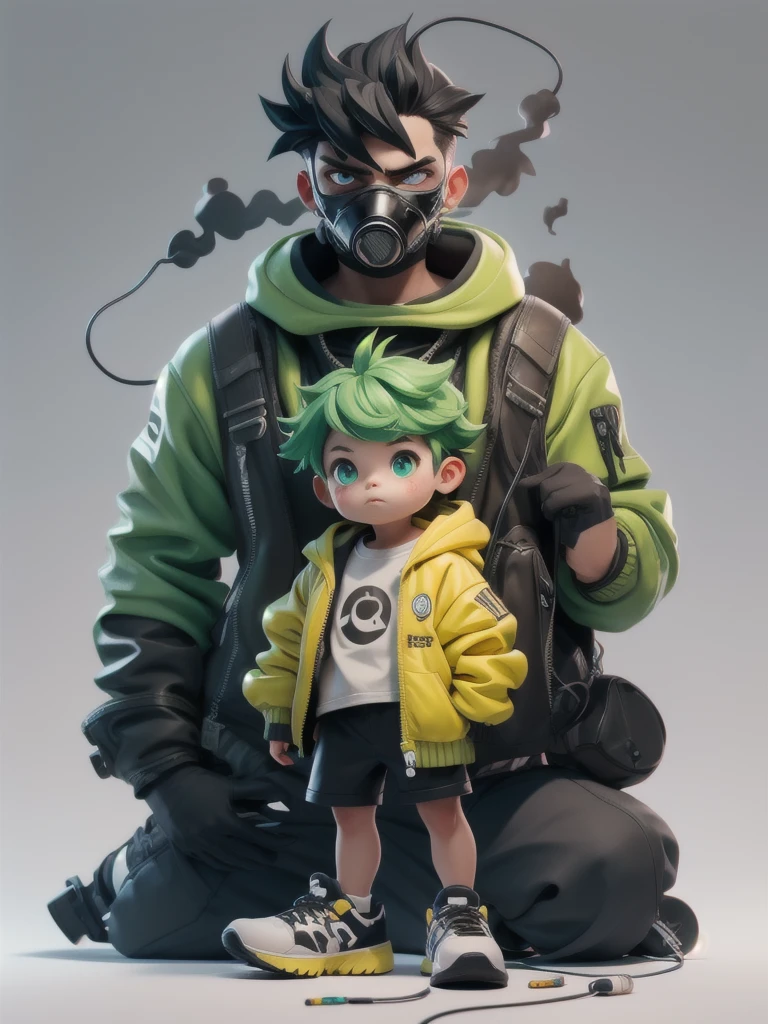 BJ_monster,一人in,Looking_in_Audience,green_eye,Simple_background,shirt,black_hair,One person,green_hair,Are standing,Jacket,full_body,male_concentrated,Multicolor_blackhair,shoes,Shorts,mask,black_Shorts,ring,spike_hair,black_background,cigarette,cable,yellow_Jacket,male_child,gas_mask,tube,respirinor,cineminic lighting,Strong contrast,High level of detail,Highest quality,masterpiece,White background,blackメガネ