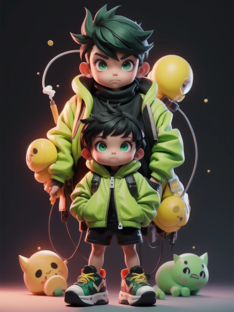 BJ_monster,一人in,Looking_in_Audience,green_eye,Simple_background,shirt,black_hair,One person,green_hair,Are standing,Jacket,full_body,male_concentrated,Multicolor_blackhair,shoes,Shorts,mask,black_Shorts,ring,spike_hair,black_background,cigarette,cable,yellow_Jacket,male_child,gas_mask,tube,respirinor,cineminic lighting,Strong contrast,High level of detail,Highest quality,masterpiece,White background,blackメガネ