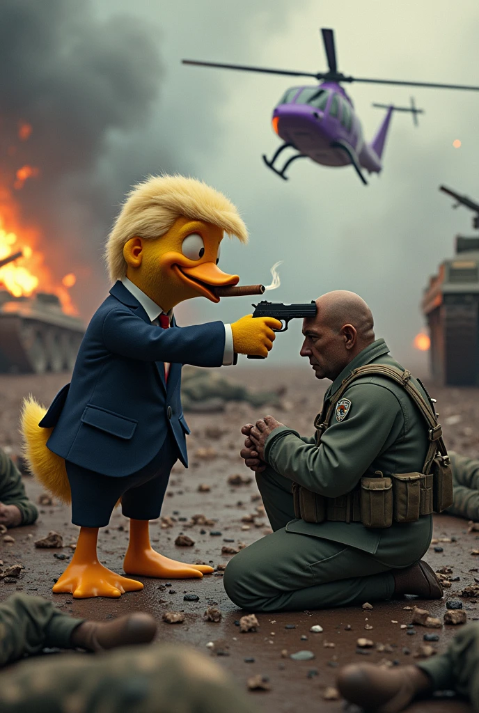 Purple helicopter shooting machine guns at tank, battlefield background, fire everywhere, dead soldiers on the ground, mafia duck with soft fur skin wearing suit and pants with hairstyle of donald trump smoking cigar in front holding pistol pointing to the head of a realistic soldier kneeling on the ground