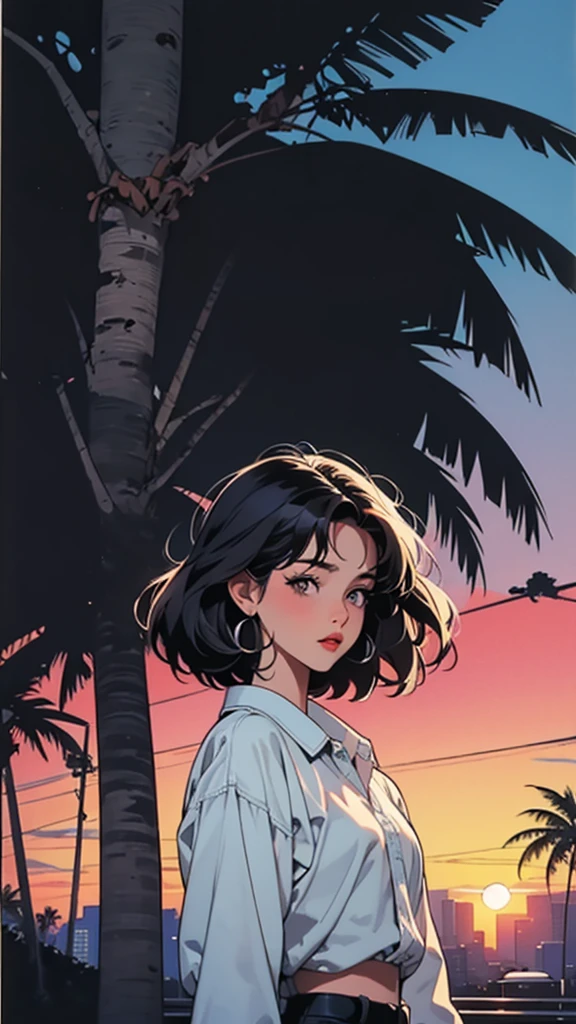 retro girl, Miami, sunset, Ferrari, palm tree, 90's, (flat colors, flat texture, lineart:1.2), graphical design, (heavy ink, ink blacks),