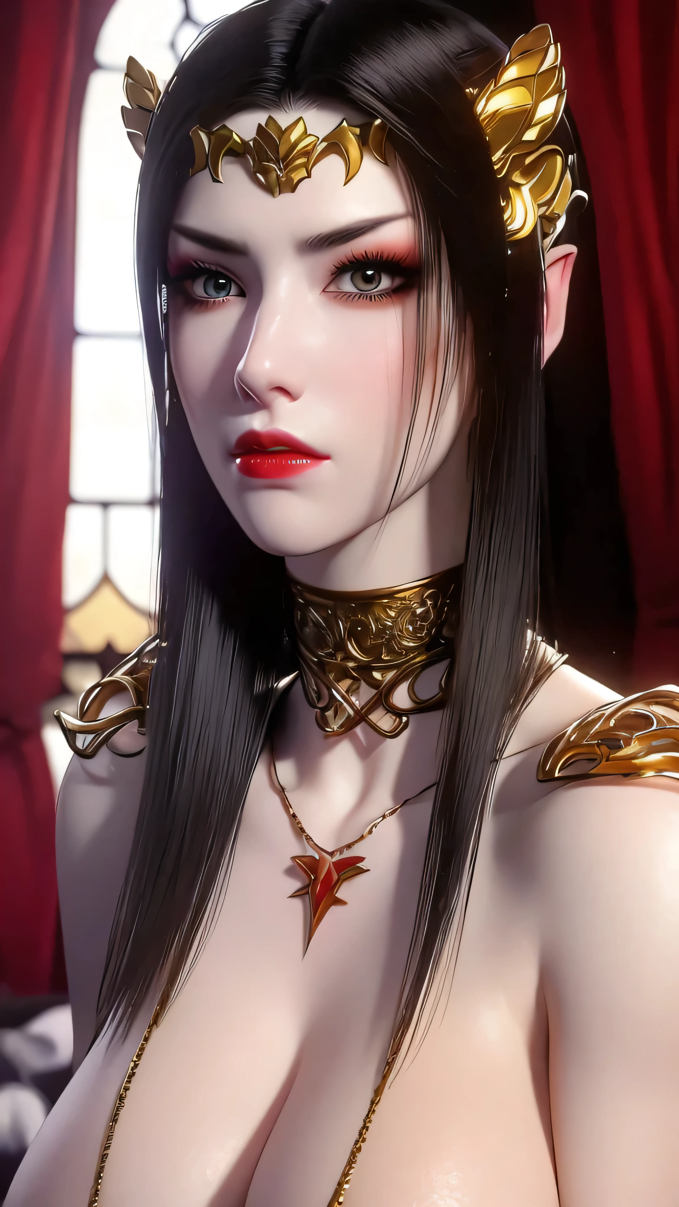 (lifelike, high - resolution:1.3), 1 girl with a perfect body, Super fine face and eyes,slong hair, big boob,Expose cleavage5, lightning, hyper-realistic graphics, most realistic graphics, 1 girl, alone, solo, Extremely sharp, surreal image, sharp eye makeup, meticulous makeup eyelashes, pretty red lips, pursed lips, full body shot, inside the room, naked, undressed, NSFW.