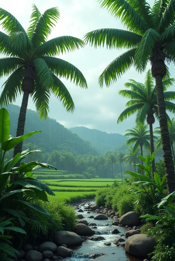 Arecanut tree farm with banana tree and small water flow after rain