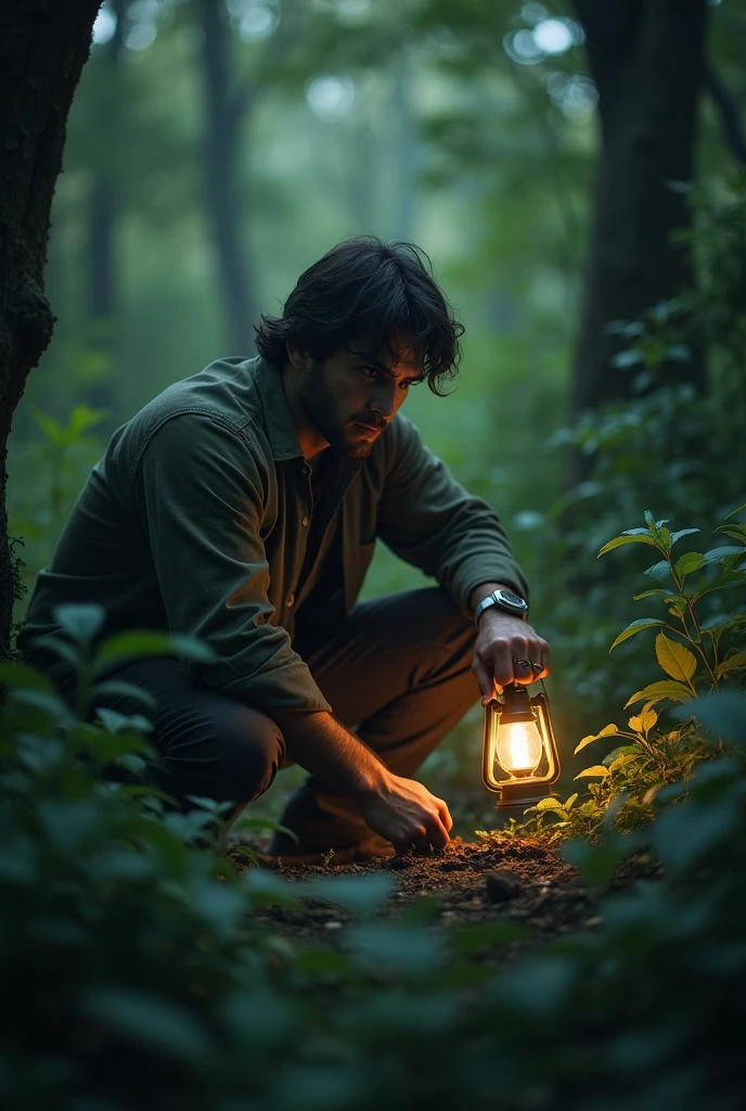 A  with a lamp hidding on the forest and he found a tiger and he hide from tiger. He looking here and there for save his life 