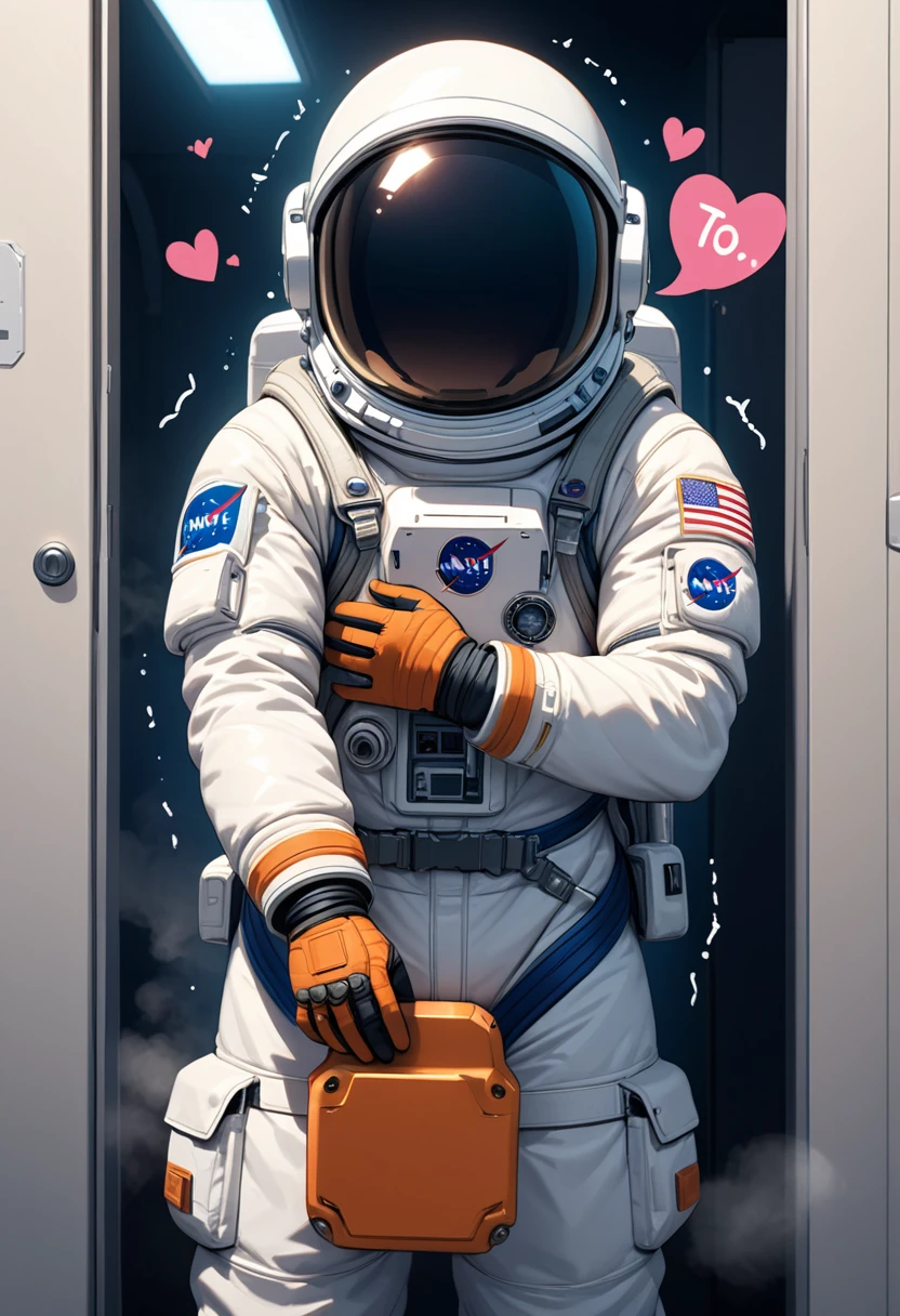 (Spacesuit:1.15), White Cargo Pants, astronaut)baburuherumetto, Space Helmet , , indoor, masterpiece, Highest quality, One person, alone, short hair, , ,(Heart Sayings:1.2), , trembling, Shortness of breath,, fog,\Show your hand, (hold one&#39;s head:1.5),From above,On the bed,Blonde、Blue Eyes、blush、surprise、Scream