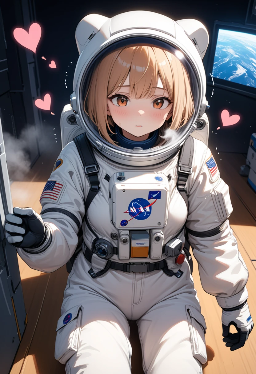 (Spacesuit:1.15), White Cargo Pants, astronaut)baburuherumetto, Space Helmet , , indoor, masterpiece, Highest quality, One person, alone, short hair, , ,(Heart Sayings:1.2), , trembling, Shortness of breath,, fog,\Show your hand, (hold one&#39;s head:1.5),From above,On the bed,Blonde、Blue Eyes、blush、surprise、Scream