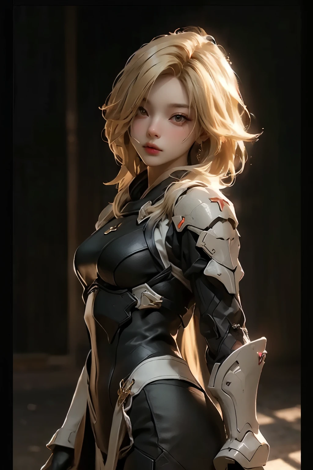 ((best quality)), ((Masterpiece)), (details:1.4), 3d, HDR (high dynamic range), amature woman, SLEEK Style, Blonde hair, Red eyes, จมูกโด่ง, ปากแดง, หน้าอกใหญ่, nvidia RTX, PBR surface, After processing, Anisotropic filtration,depth of field, Maximum clarity and clarity, multi-layered surface, Subsurface scattering, perfect proportions, 8K raw files, ความละเอียดสุดยอด, Unreal 5, Perfect proportions, Octane Render, Two-tone lighting, Wide aperture, Low ISO, รายละเอียดดวงตา, Holy Knight, Heavy Black armor, jewely, ต่างหู