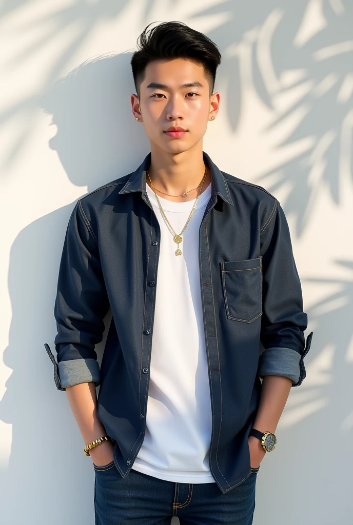 A young man standing against a softly lit white background with leaf shadows. He has a short to medium-short textured crop hairstyle, with a distinct C-Cut curve on his forehead, and jet-black hair with a slight shine. His hair is neatly trimmed on the sides and slightly longer on top, around 2 to 3 inches, with no long or flowing strands. He is wearing a dark blue denim shirt with rolled-up sleeves over a white t-shirt, paired with matching dark blue denim jeans. He has simple gold accessories, including a necklace, rings, and a bracelet. His expression is calm and confident, with a relaxed pose, one hand in his pocket and the other resting by his side.