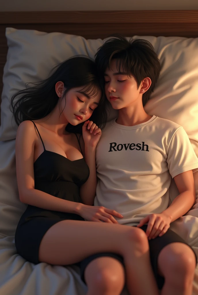 crete real image where A 24 year old boy wears black dress and a 23 year old girl wears white T-shirt and shorts. Lovely is written on the girl's t-shirt and Rupesh is written on the boys t-shirt. Girl sleeping on the boy in bedroom
