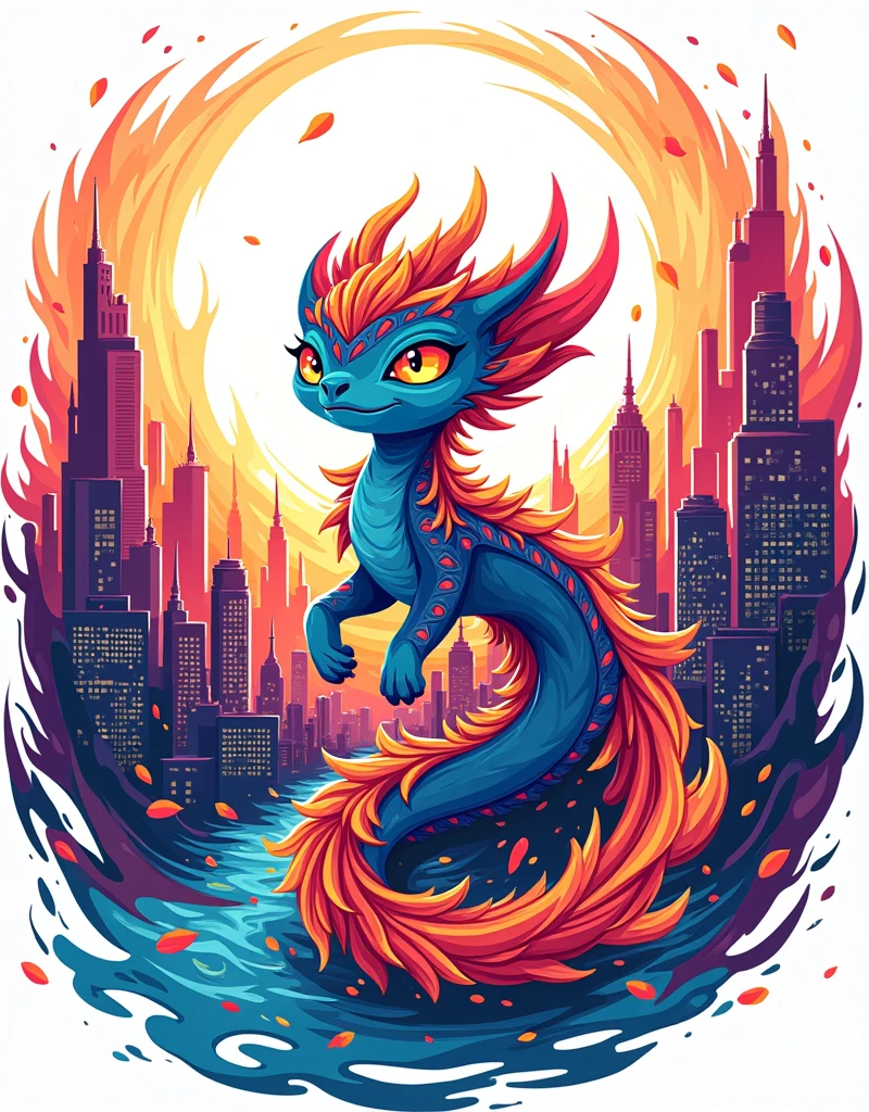 a Cityscape, colorful cartoon-style illustration from an award winning animated movie, illustrated in bold outlines, showcasing its colors and shapes. The character is depicted adorned colorful energy against a white background, mythical creature 