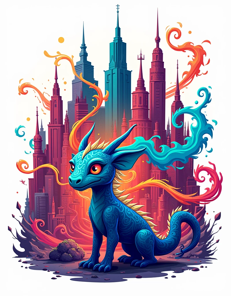 a Cityscape, colorful cartoon-style illustration from an award winning animated movie, illustrated in bold outlines, showcasing its colors and shapes. The character is depicted adorned colorful energy against a white background, mythical creature