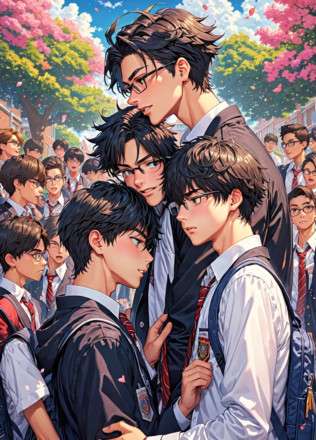 a boy confessing his love to another boy in front of his entire school, 2 boys, gay, blushing, school uniform, school background, detailed, aura of love, size difference, hyper detailed, highly detailed, intricate details, background students, delinquent student and nerdy student, shock