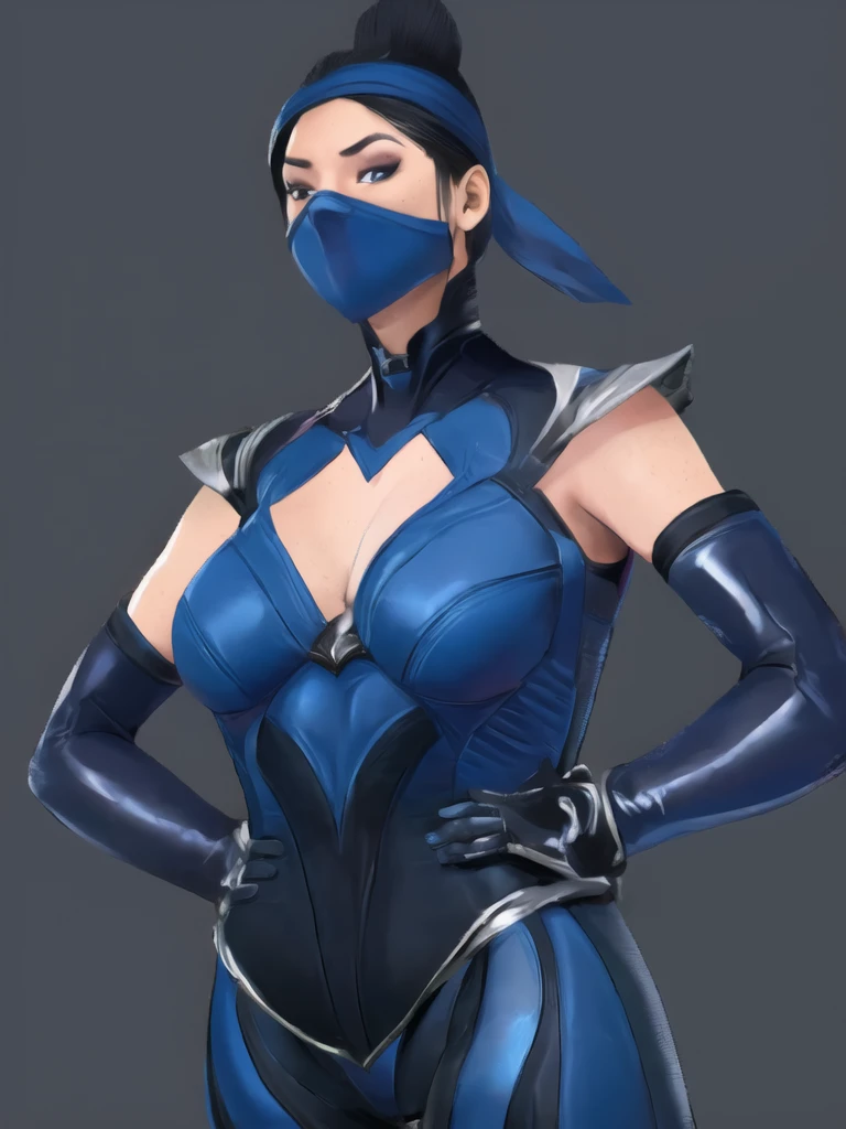 Bowei, kitana, 1girl, upper body, slim body, slim thighs, bodysuit, detail eyes, ninja mask , solo, lips, blue bodysuit , looking at viewer, simple background, gloves, black background, mole under mouth, eyeshadow, hands on hips, blue bodysuit,leather, latex, purple lips, 8k detailed,