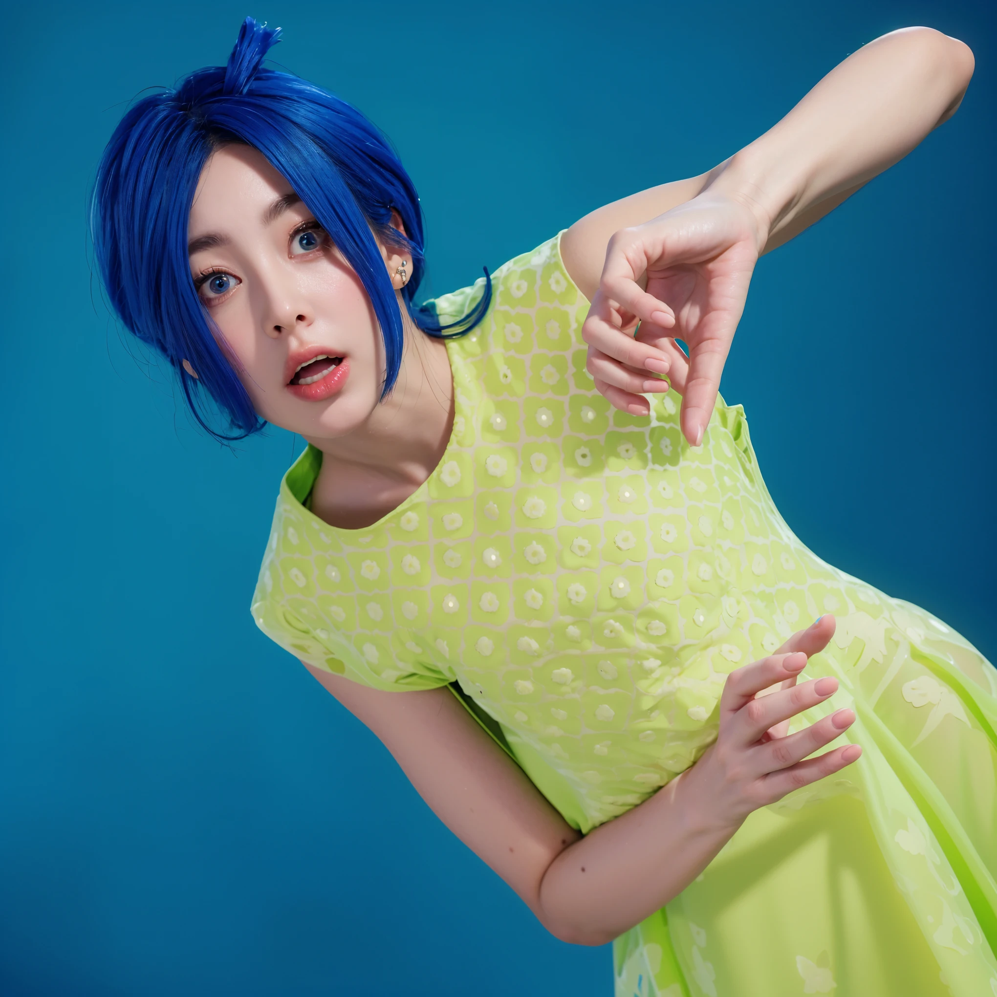 The image portrays a character with a dynamic and whimsical appearance. She is styled with bright blue hair in a playful, spiky cut that adds an element of boldness to her character. Her expression is one of exaggerated surprise, with wide-open eyes and a slightly open mouth, enhancing the animated feel of the image. She wears a vibrant lime green dress with a geometric pattern, which adds to the lively and colorful theme. Her body language, pointing downwards with a shocked expression, suggests a humorous or dramatic scene. The solid blue background serves to highlight her figure and facial features, making her the clear focus of the image. This setup is reminiscent of comic book or cartoon styles, emphasizing fun and expressive storytelling. The purple background complements the costume, creating a vibrant and engaging scene. (glossy plastic texture with multiple big light probe refractions), perfect cgi, smooth silhouette, high intensity refraction, (super glossy plastic material), most beautiful vfx, , realistic, 4k, high resolution, rim light, smooth 3d model, multiple light sources, rim light, sharp post effects render,, realistic, 4k, high resolution, rim light detailed digital art, reflective, best quality, 4k, masterpiece:1.2, ultra-detailed, realistic, vivid colors, The image of the highest quality, ensuring every detail showcased perfectly. It in 4k resolution, allowing viewers to immerse themselves in the richness of the colors and intricate details. The realistic rendering. under the spotlight, reflecting, high-resolution image, realistic rendering