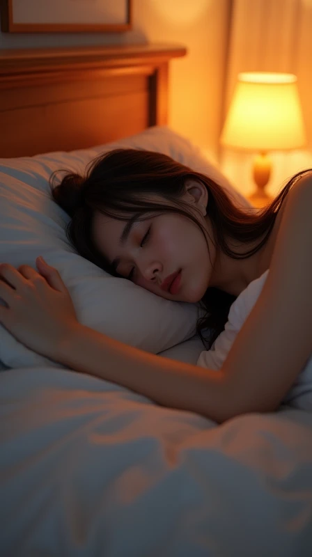 Woman sleeping in bed、20th Generation、Cute sleeping pose、The room is cute.、It's night outside、Hair is semi-long、The futon is white、Orange indirect lighting