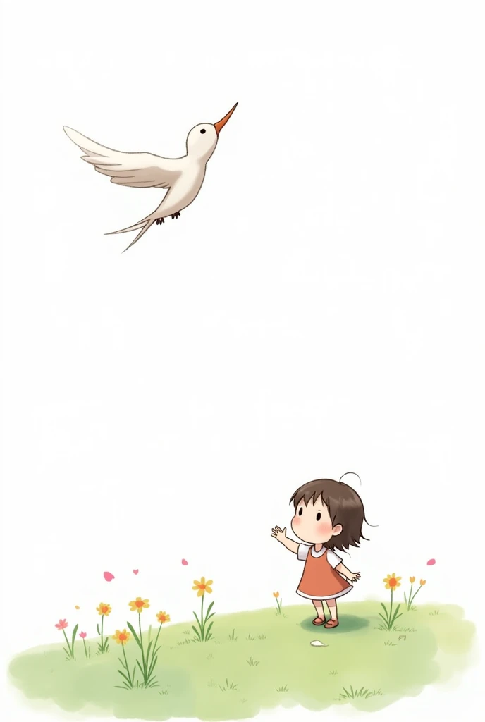 white background,cute little cute girl,rais his hand,standing on grass,seeing little bird flying at first time