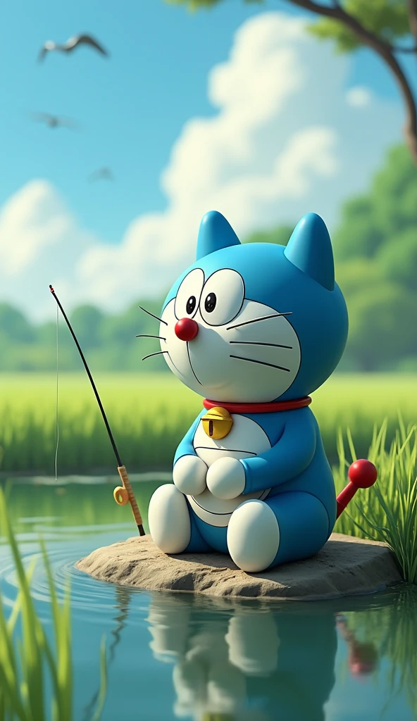 Doraemon sat in the room, reflecting on the unexpected and memorable adventure., 
Create a thought cloud  (  Doraemon is fishing in the rice paddy fields.) hình 3d