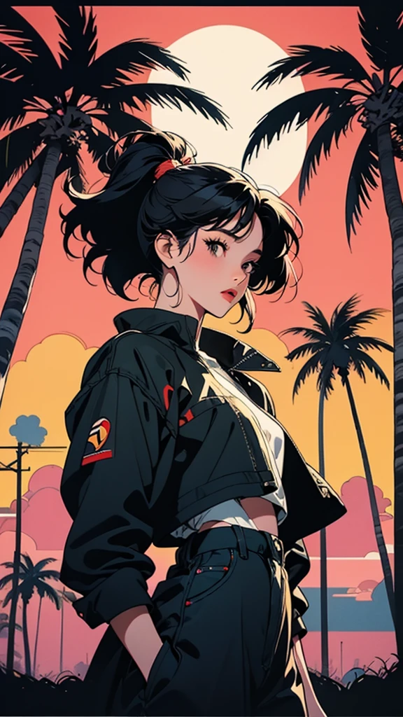 retro girl, Miami, sunset, Ferrari, palm tree, 90's, (flat colors, flat texture, lineart:1.2), graphical design, (heavy ink, ink blacks),後ろ姿