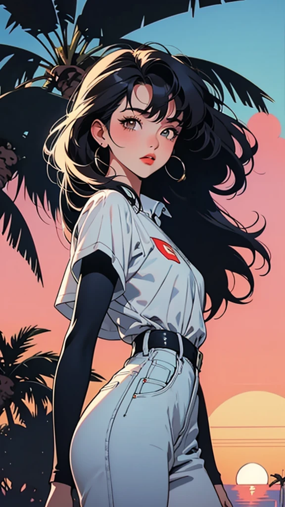 retro girl, Miami, sunset, Ferrari, palm tree, 90's, (flat colors, flat texture, lineart:1.2), graphical design, (heavy ink, ink blacks),後ろ姿