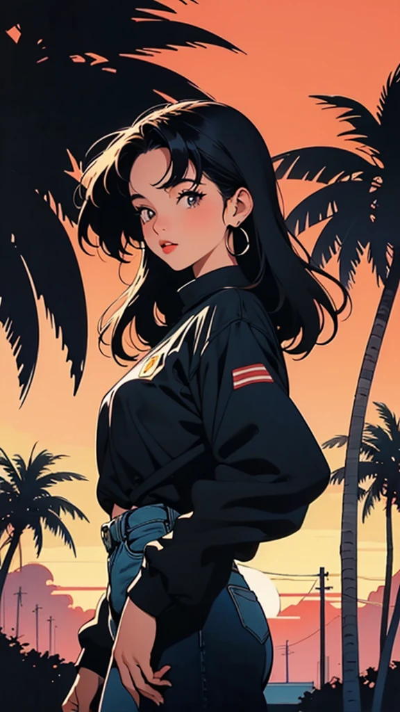 retro girl, Miami, sunset, Ferrari, palm tree, 90's, (flat colors, flat texture, lineart:1.2), graphical design, (heavy ink, ink blacks),後ろ姿