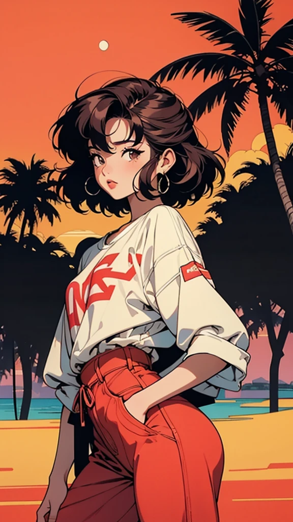 retro girl, Miami, sunset, Ferrari, palm tree, 90's, (flat colors, flat texture, lineart:1.2), graphical design, (heavy ink, ink blacks),後ろ姿