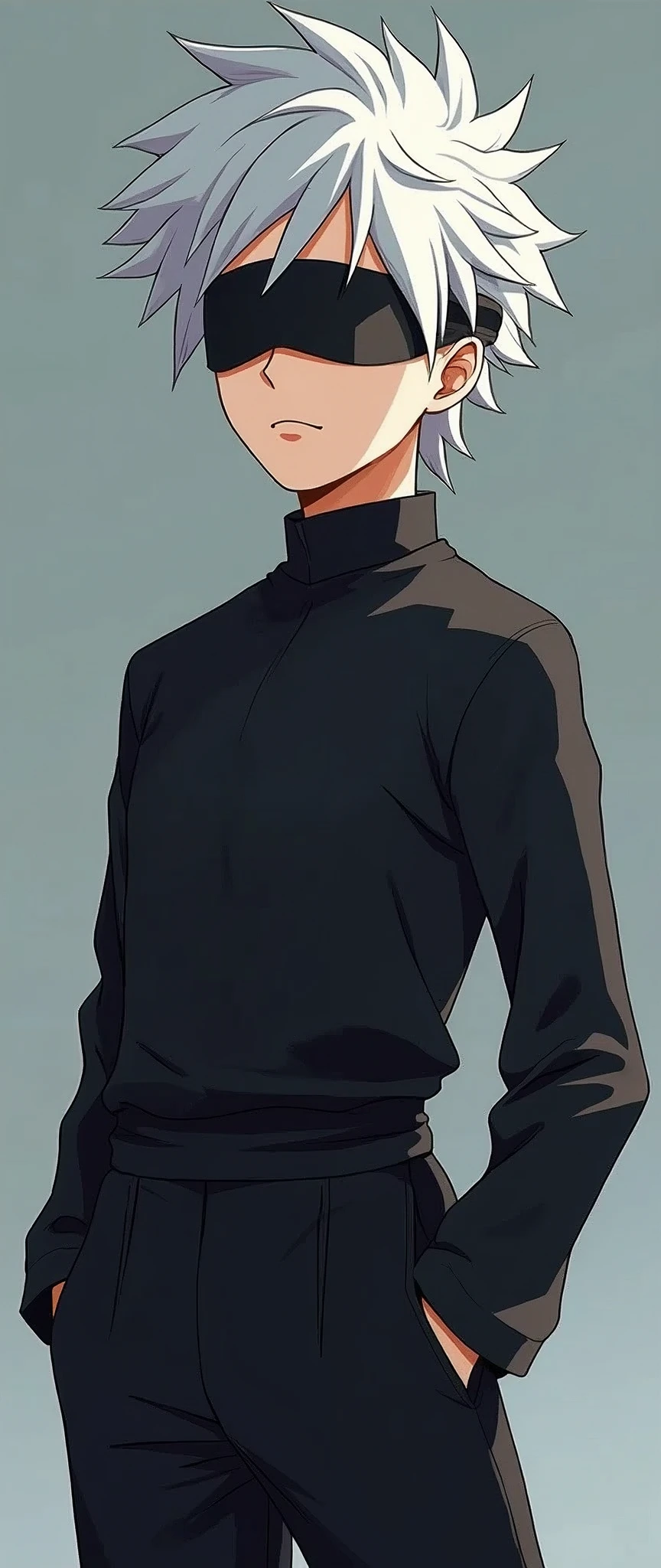 A Pixar-style character design of Satoru Gojo from "Jujutsu Kaisen". He has his signature white hair, slightly messy, and is wearing his usual black outfit. His eyes are covered with a sleek blindfold, and his expression is confident and charismatic. The style is vibrant and exaggerated, with large expressive eyes (covered by the blindfold), and a playful, yet powerful aura. The background is a simple gradient, emphasizing the character 