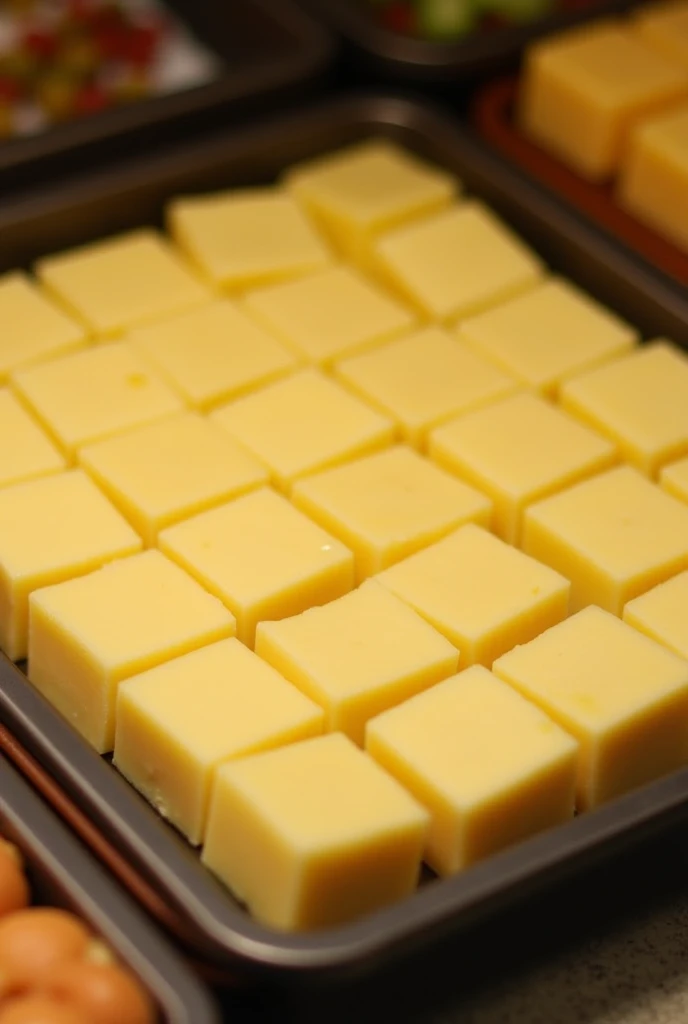 Plain khoya burfi of ludhiana in square shape but less height all pieces adjacent and joined to each other zoomed out image in a tray in a shop. Same length and width from top and bottom like a cube but height is half the length. Make the height of the product dimensions minimal. It should be light yellow color and minimal height(1/3 of the product)
