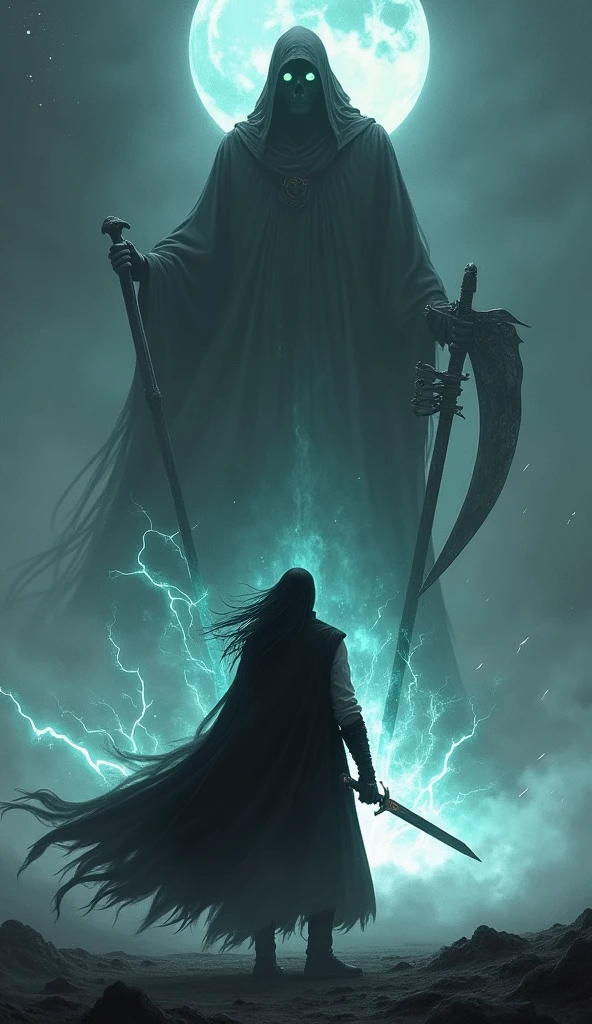 In a shadowy battlefield under a starless sky, Vortex stands facing forward, his long black hair flowing behind him and his black coat billowing with each movement. His white shirt contrasts sharply with the darkness of his coat, and he wields his dark sword with a fierce grip. As Vortex swings his sword with a powerful and precise motion, dark energy pulses from the blade, tearing through the air. From the swirling shadows created by his strike, a towering reaper begins to materialize behind him. The reaper, clad in a tattered black robe, appears with an eerie, spectral presence. Its hollow eyes glow with a cold, ominous light, and it wields a massive, gleaming scythe that reflects the minimal light of the battlefield. The reaper rises menacingly, its form emerging fully as it stands poised behind Vortex. The darkness around the reaper crackles with dark energy, ready to be unleashed upon any foe.