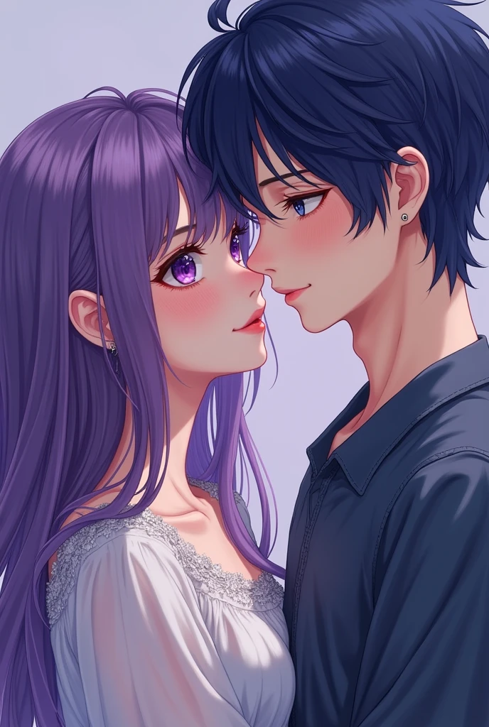 Girl with purple hair and purple eyes, but with bangs on her forehead and a youthful look, that's perfect. And I want her hair to be straight, not wavy, okay? I just want to see her full body, with long hair, next to a man with dark blue hair and dark blue eyes, but they are looking at each other face to face and smiling. 