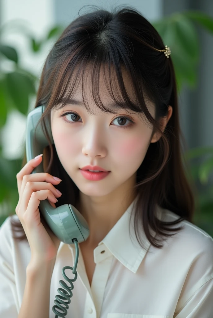 Comb your bangs neatly、She has straight, Medium-length hair.。The bangs are arranged to hang down on both sides.、There is a small hairpin on the left side.。Her skin is brighter、Even tone、Natural light makeup。especially、Delicate eye makeup on the eyes.、Slightly longer eyelashes are very charming.。Natural pink lips、Healthy glow。She put the telephone receiver to her ear、Looking calmly into the camera。There are plants in the background.、Suggests an office environment。comprehensive、The overall feeling is calm and clean.。