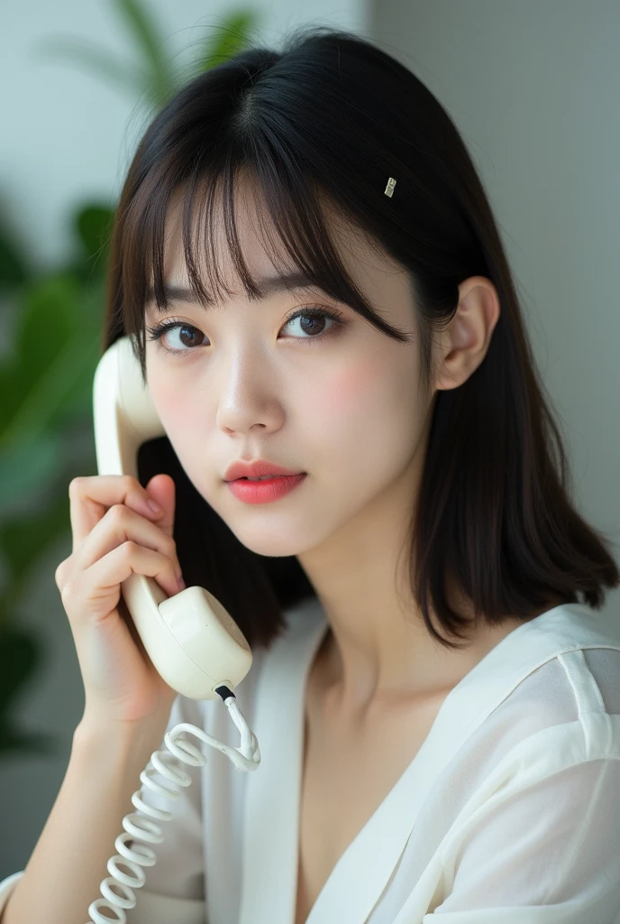 Comb your bangs neatly、She has straight, Medium-length hair.。The bangs are arranged to hang down on both sides.、There is a small hairpin on the left side.。Her skin is brighter、Even tone、Natural light makeup。especially、Delicate eye makeup on the eyes.、Slightly longer eyelashes are very charming.。Natural pink lips、Healthy glow。She put the telephone receiver to her ear、Looking calmly into the camera。There are plants in the background.、Suggests an office environment。comprehensive、The overall feeling is calm and clean.。