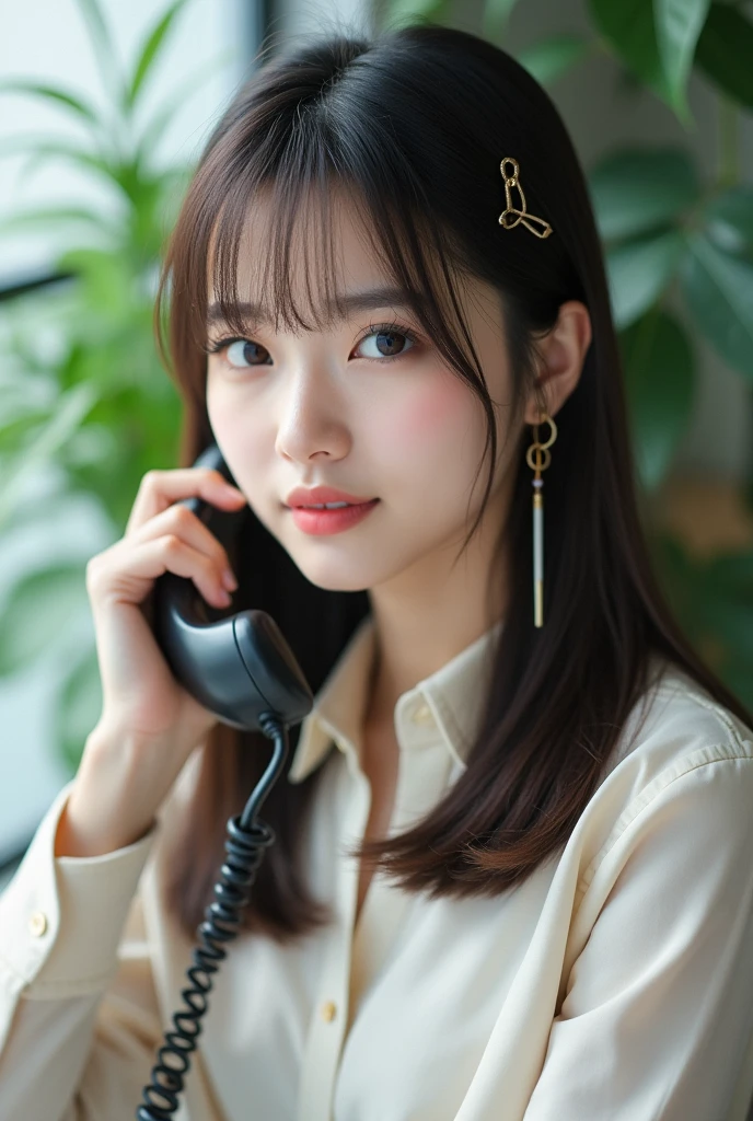 Comb your bangs neatly、She has straight, Medium-length hair.。The bangs are arranged to hang down on both sides.、There is a small hairpin on the left side.。Her skin is brighter、Even tone、Natural light makeup。especially、Delicate eye makeup on the eyes.、Slightly longer eyelashes are very charming.。Natural pink lips、Healthy glow。She put the telephone receiver to her ear、Looking calmly into the camera。There are plants in the background.、Suggests an office environment。comprehensive、The overall feeling is calm and clean.。