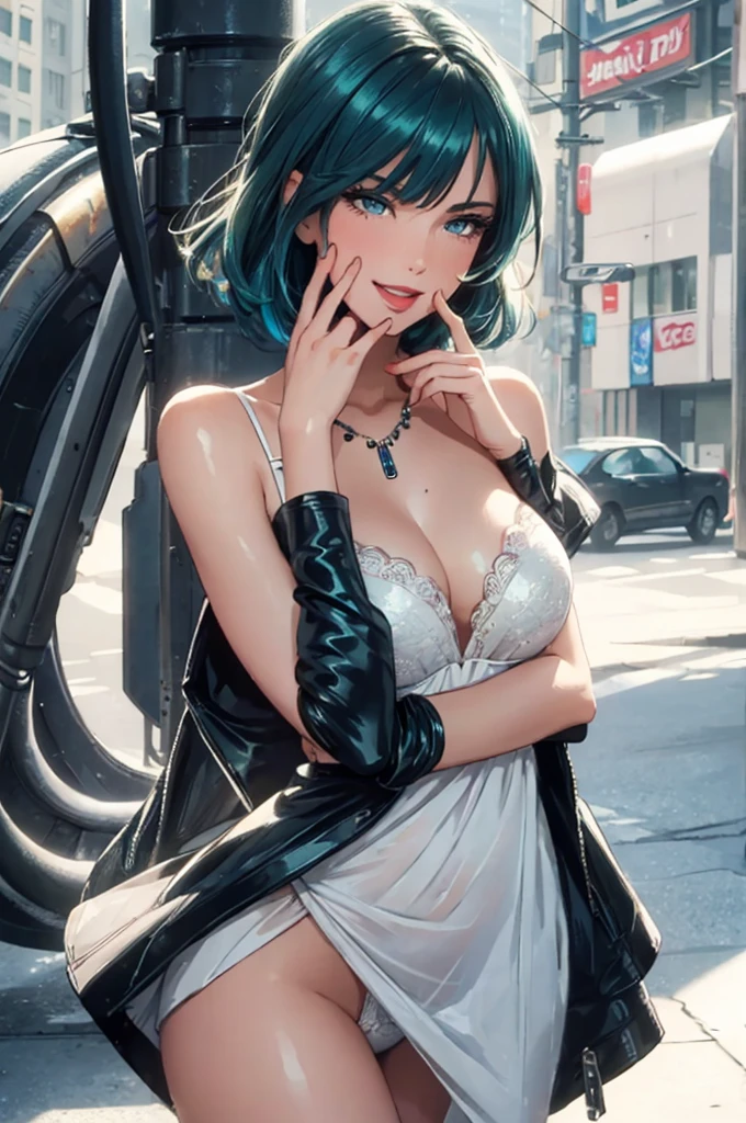 1girl,a beautiful fashion model ,(masterpiece, detailed background, best quality),short and shiny hair, blue green hair, hair with highlights, bangs, smirk,juicy lips,red lips, calmart, lingerie, stripping, elegant makeup, blue eyes, full body shot, (shiny skin), cyberpunk, sci fi, boa, extravagant jewelry, cocky expression, covered in jewelry, fancy, white dress, ((hand covering mouth, smug, discrete laughter)),