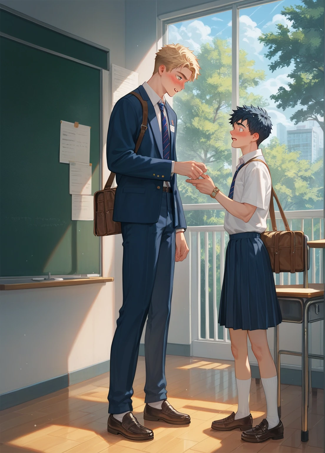 a boy confessing his love to another boy in front of his entire school, 2 boys, gay, blushing, school uniform, school background, detailed, aura of love, size difference, hyper detailed, highly detailed, intricate details, background students, delinquent student and nerdy student, shock