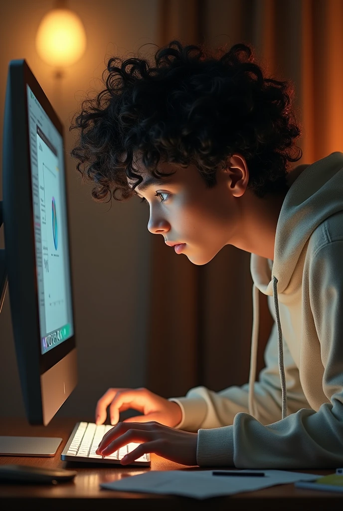 Young man with long curly hair, thin, playing on the computer